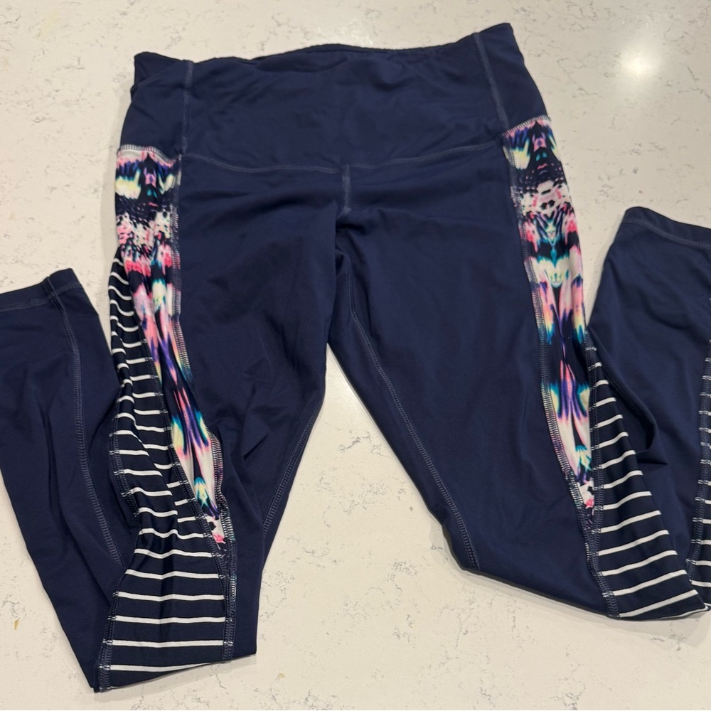 Athleta Leggings Women's Sm High Rise Navy Leggings Stripped And Floral Pattern